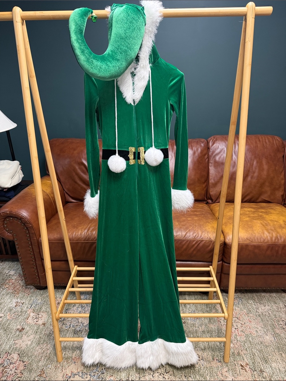 Festive Sexy Elf Green Velvet Romper with White Faux Fur Trim